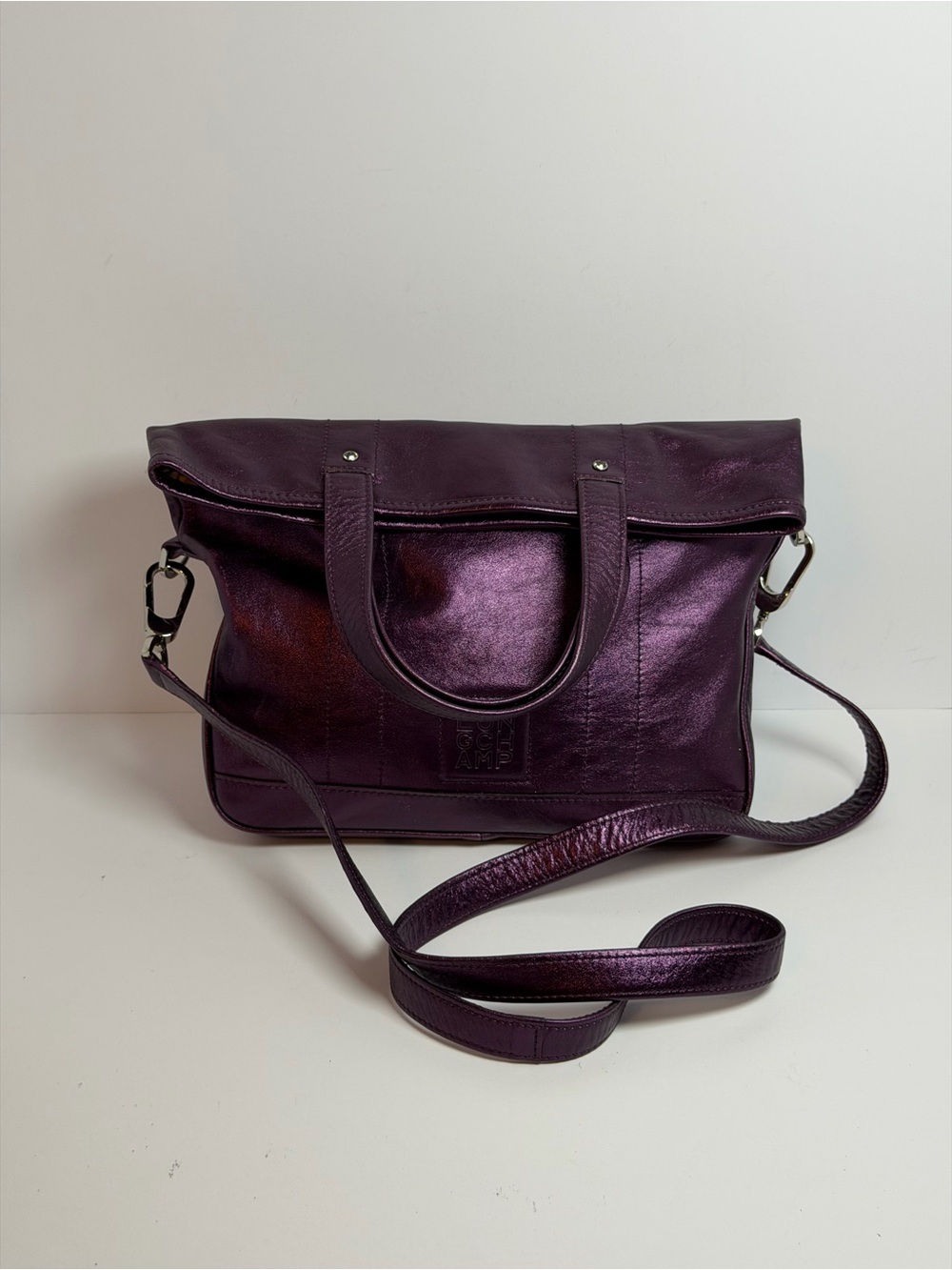 Longchamp Purple Metallic Leather Tote Shoulder Crossbody Bag Fold-Over Design